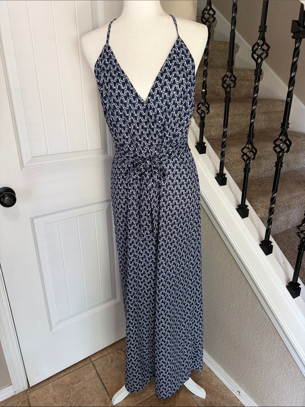 Navy & White Patterned V-Neck Halter Jumpsuit